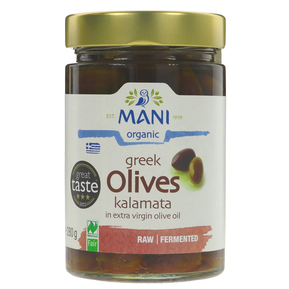 Mani Organic Greek Kalamati Olives in extra virgin olive oil 280g