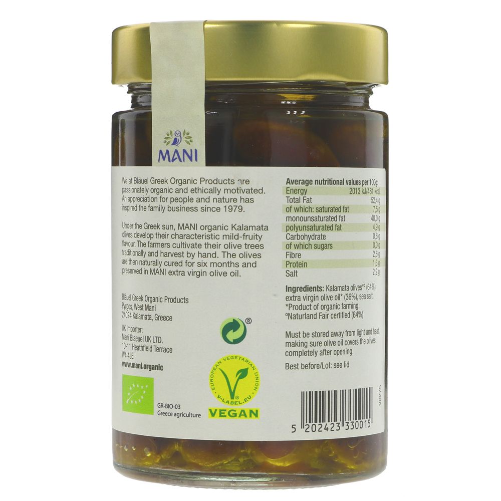 Mani Organic Greek Kalamati Olives in extra virgin olive oil 280g
